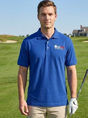 Devon & Jones Size L Blue Short Sleeve Polo Shirt US vets Patriotic Hall Logo